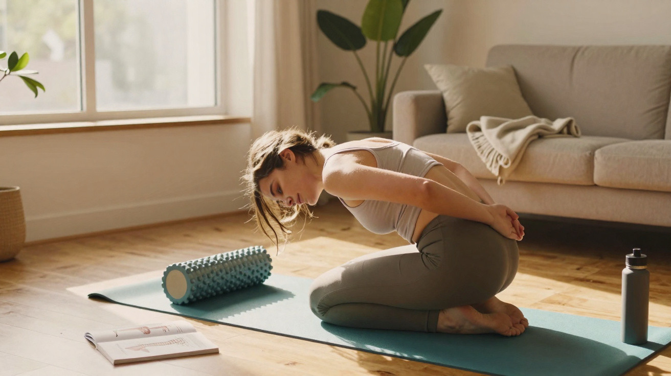 Woman stretching on a yoga mat in a bright living room with a foam roller, water bottle, and open book nearby.
