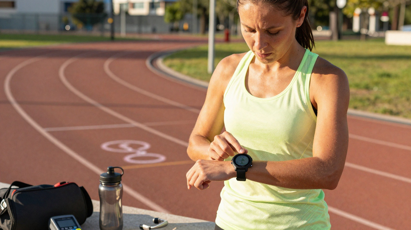 Woman in a yellow tank top checking her smartwatch on a running track with sports equipment nearby.