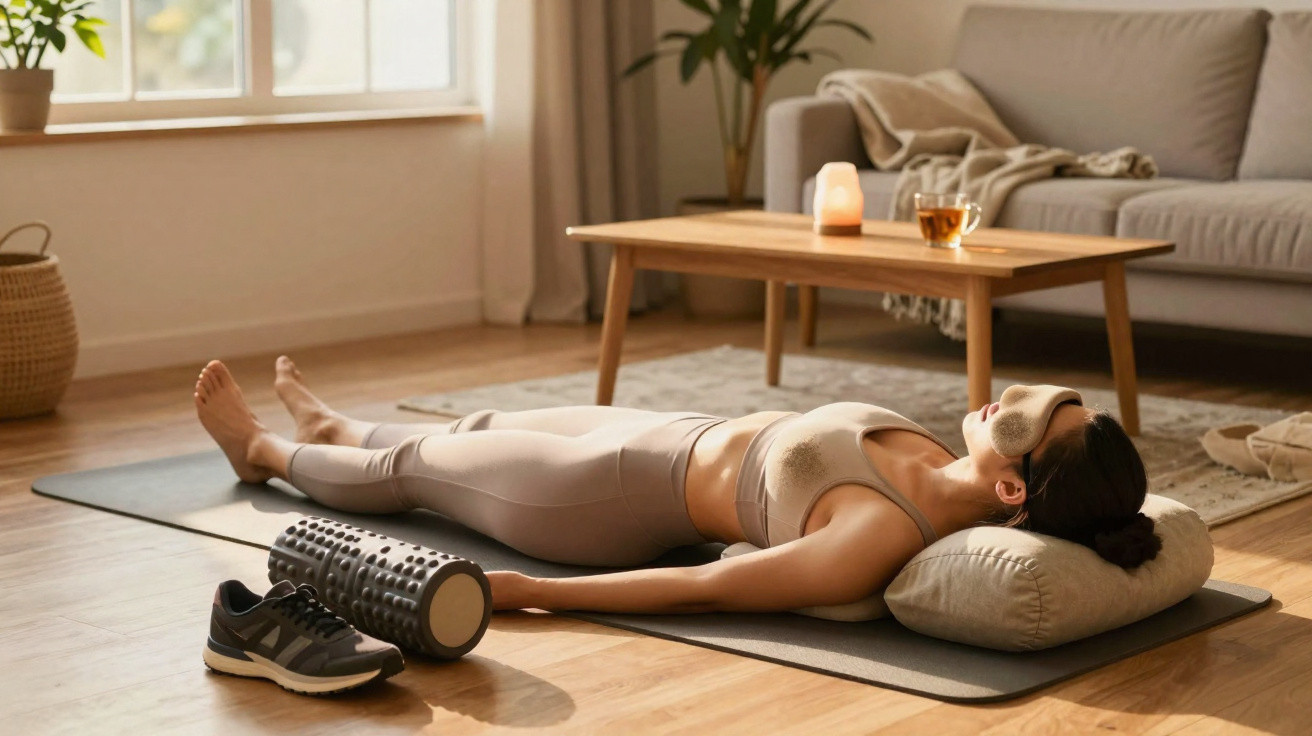 Woman lying on yoga mat with eye mask and pillow, foam roller and trainers on wooden floor in living room