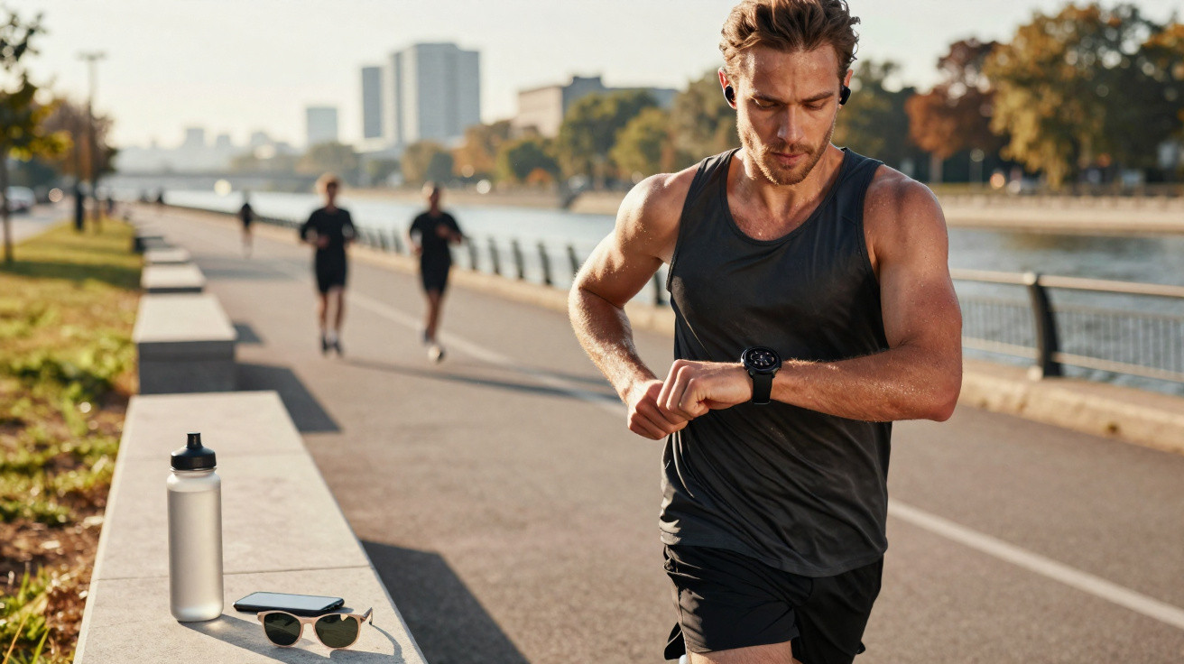 Man wearing black running gear checking his smartwatch while jogging by a riverside path in city park.