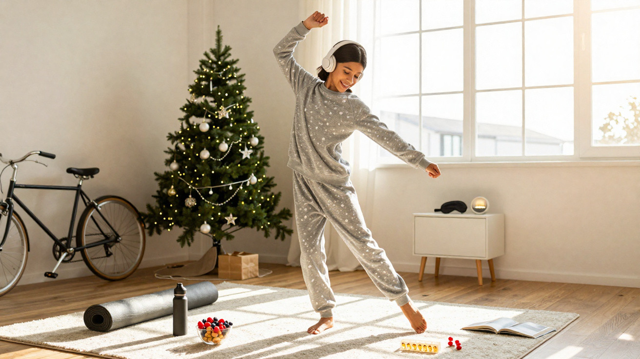 Woman in grey pajamas dancing with headphones on near decorated Christmas tree in sunlit room.
