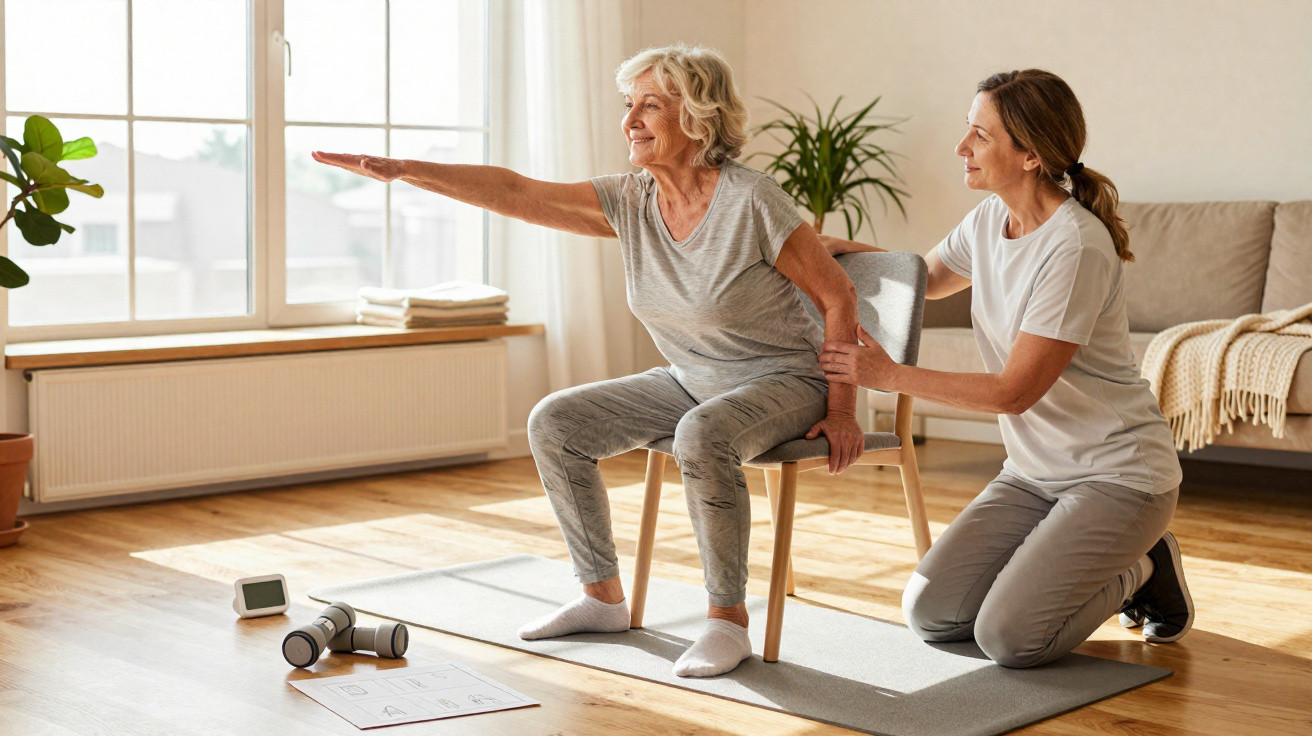 Older woman doing seated exercises with support from a female physiotherapist in a sunlit living room.