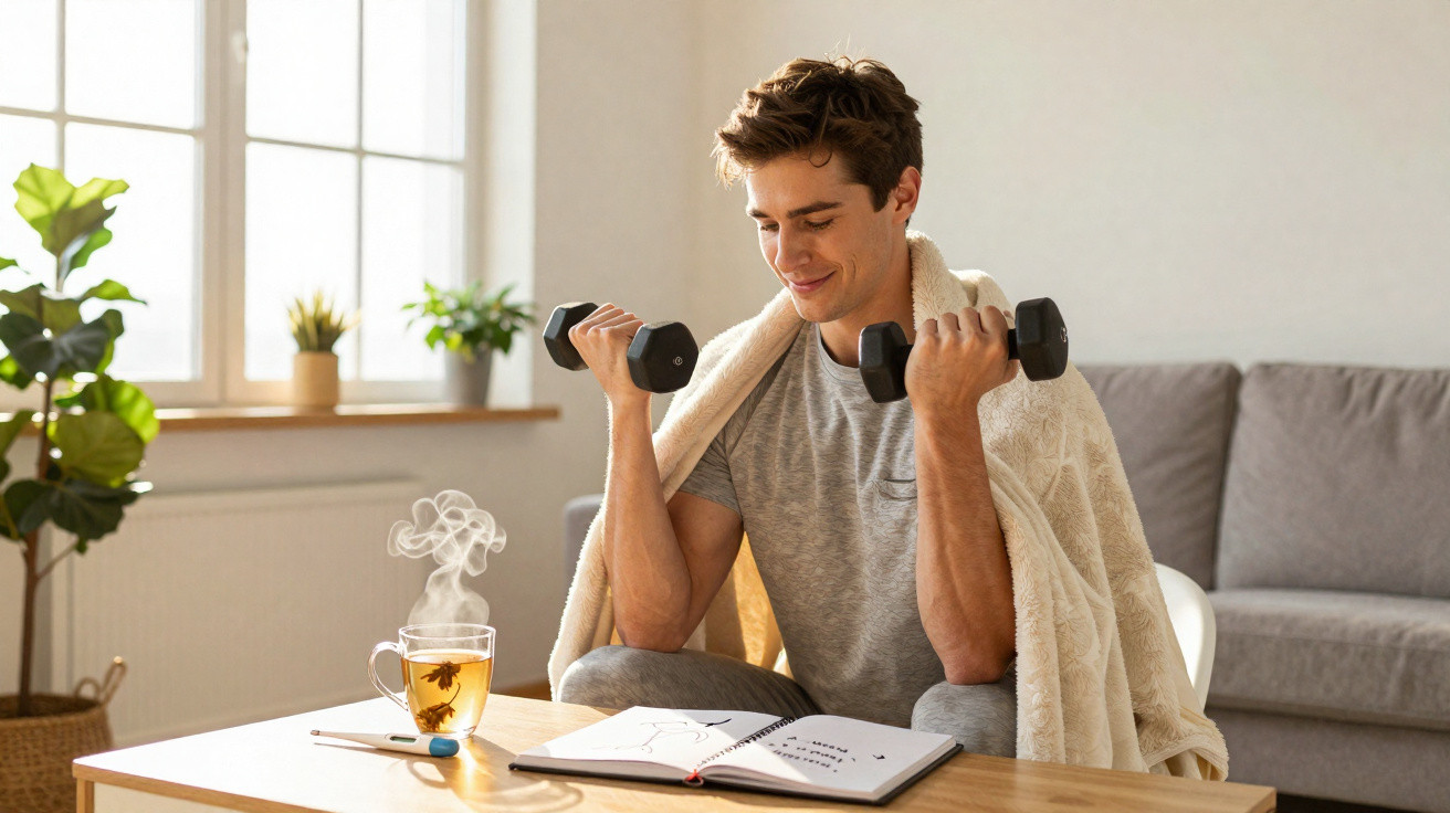 Young man lifting dumbbells at home with a blanket over his shoulders, a notebook and steaming tea on the table.