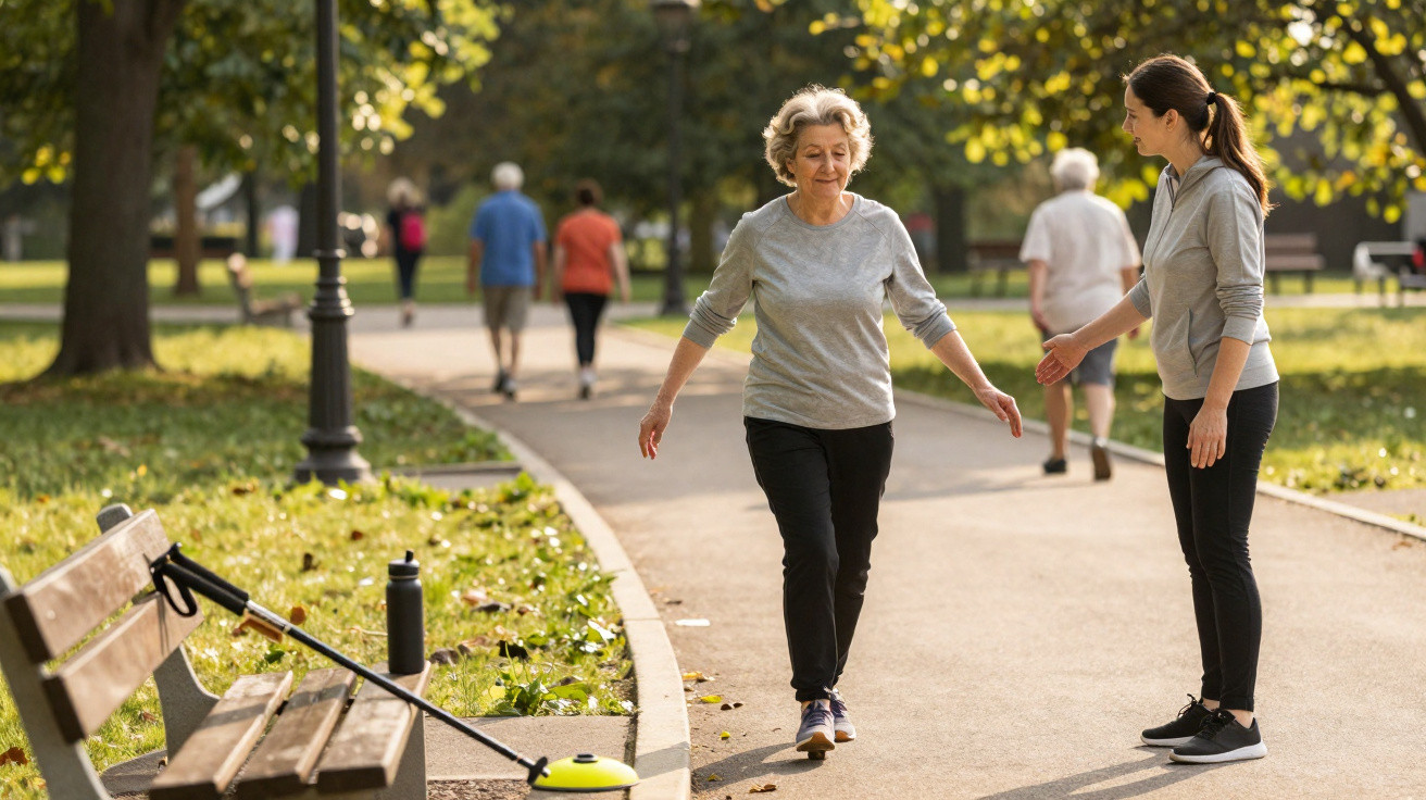 Older woman balancing on one leg on a park path while a younger woman encourages her during daytime.