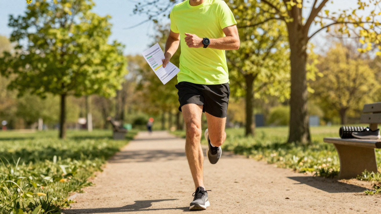 Man jogging on a sunny park path wearing bright yellow shirt, black shorts, and holding a paper sheet.