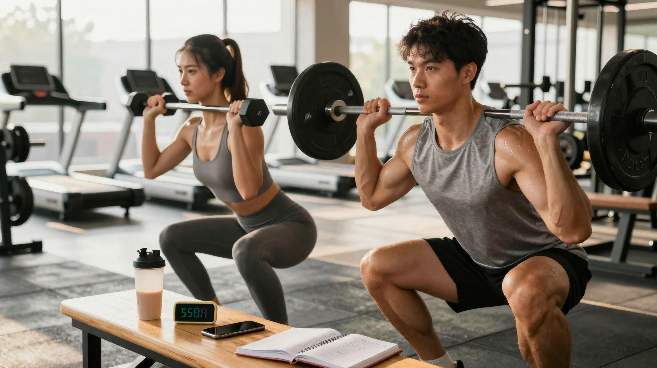 Man and woman doing weighted squats in gym with treadmill in background and fitness items on bench nearby