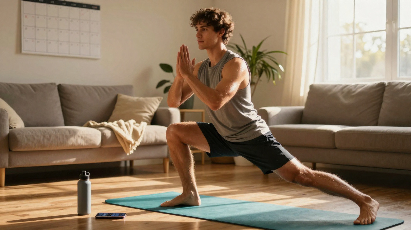 Young man in workout clothes stretching on a yoga mat in a sunlit living room with sofas and a calendar.