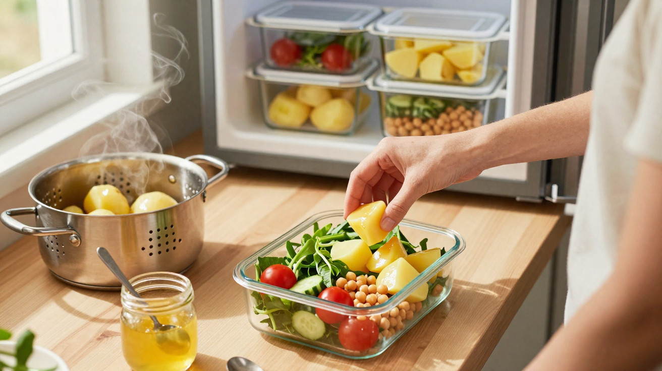 Hand placing boiled potato pieces into a fresh vegetable salad with chickpeas on a kitchen counter.