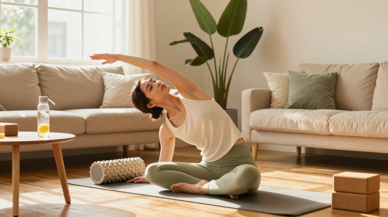 Woman in casual workout clothes stretching on a yoga mat in a bright living room with plants and sofas.