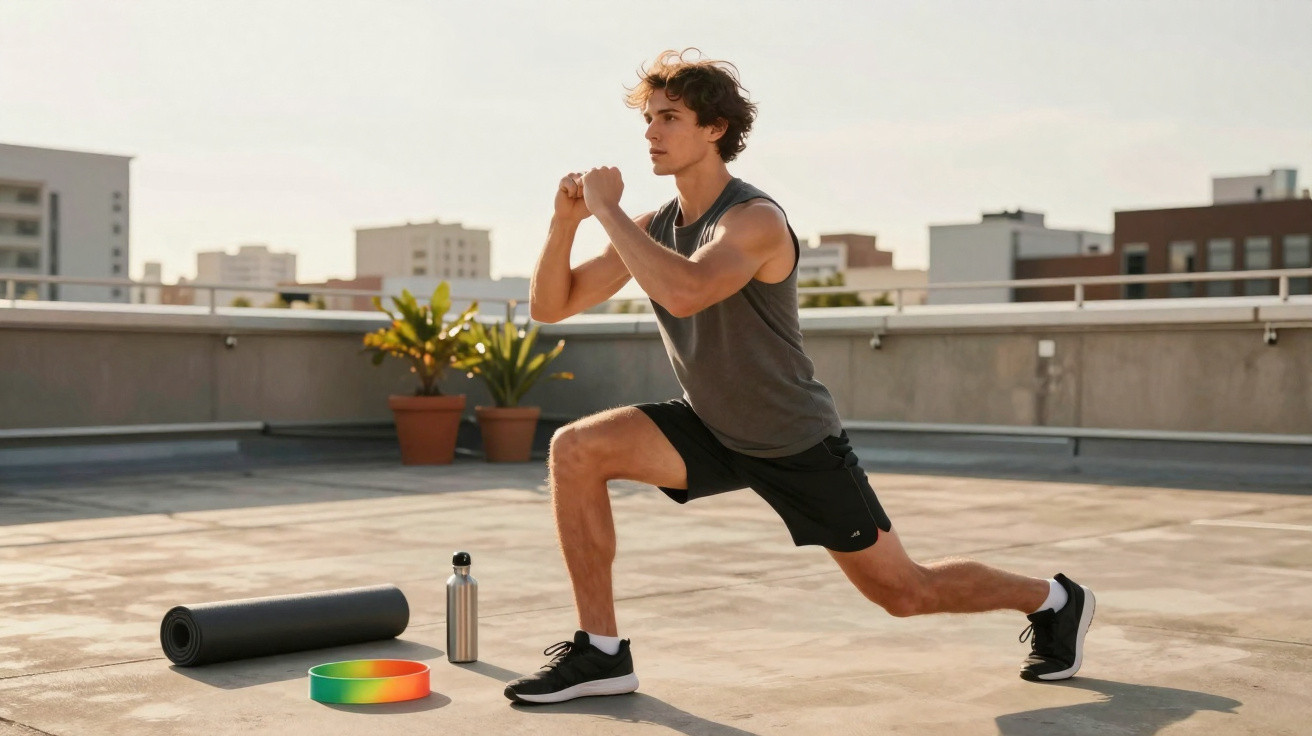 Young man in sportswear doing lunges on a rooftop with exercise mat, water bottle, and ankle weights nearby.