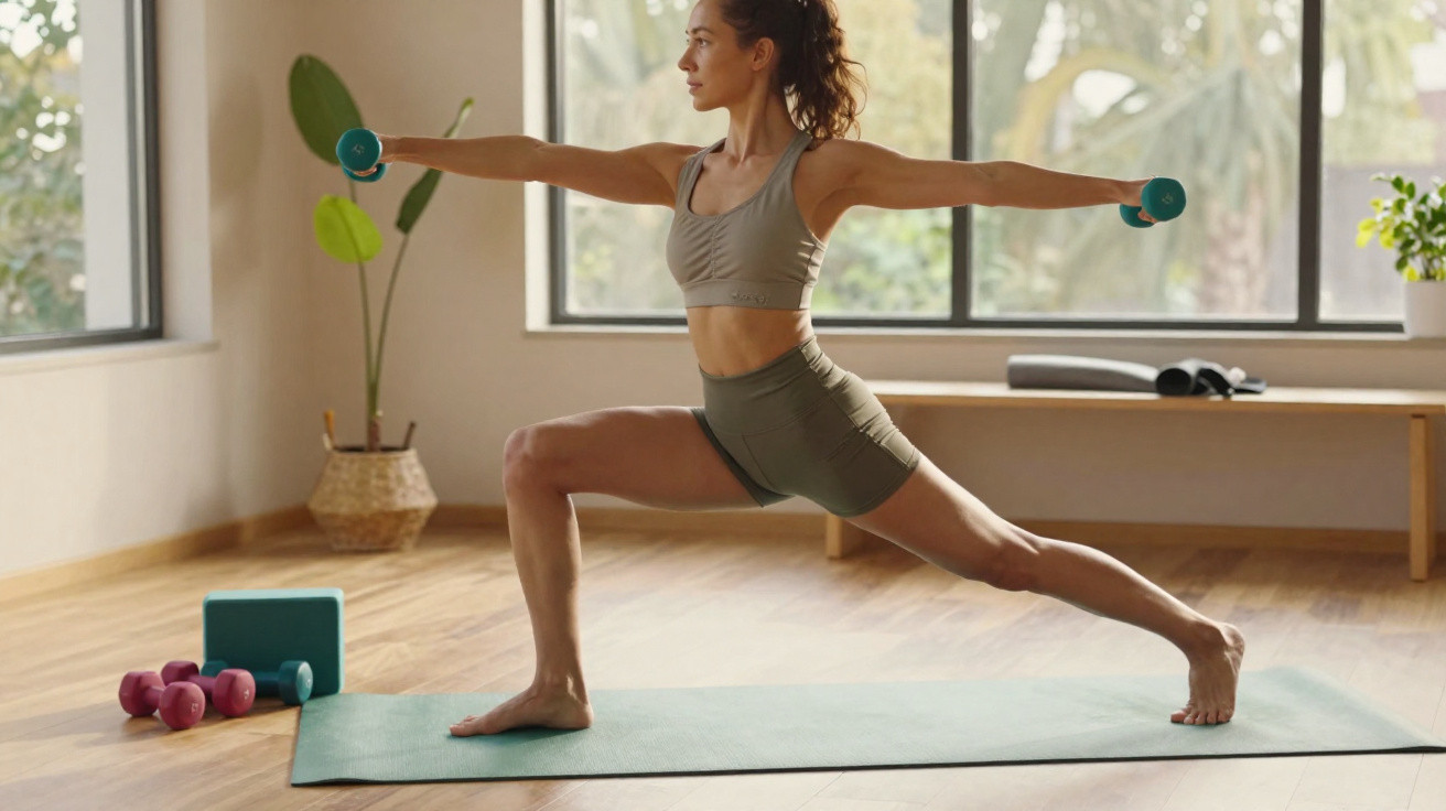 Woman doing warrior yoga pose with dumbbells on a mat in a sunlit room with houseplants.