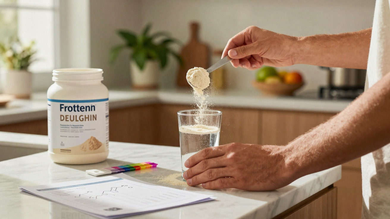 Person adding powdered supplement into a glass of water on a kitchen counter with documents and test strips nearby.