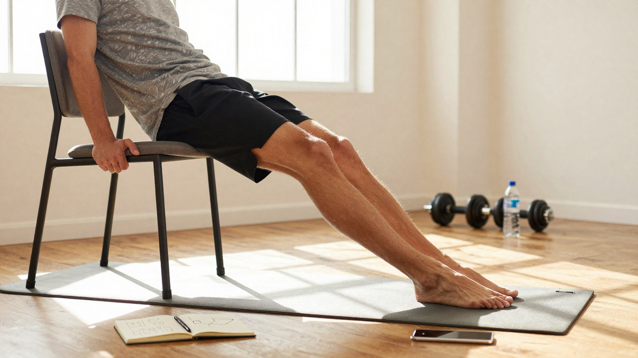 Person performing tricep dips on a chair in a sunlit room with dumbbells and water bottle nearby.