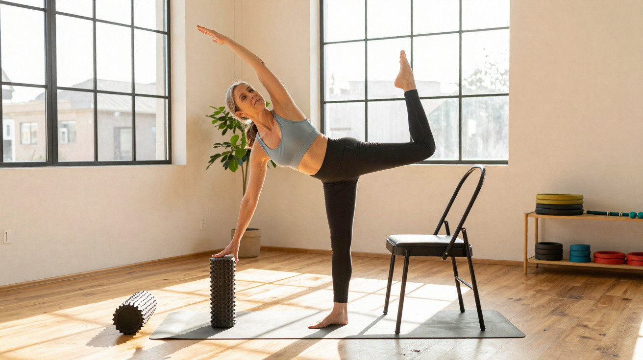 Woman practising yoga balance pose using a chair and foam block in a bright exercise studio.