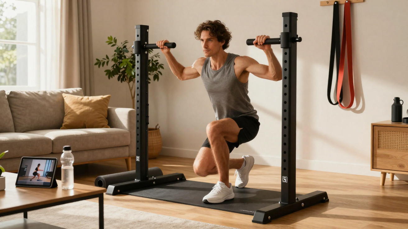Man performing weighted lunges with a barbell rack in a bright living room gym setup.