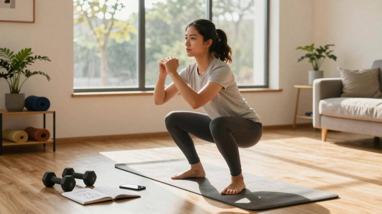 Woman doing squats on a yoga mat in a sunlit living room with dumbbells and a fitness book nearby.