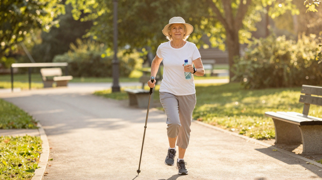 Older woman walking with a stick and water bottle on a sunny pathway in a park.