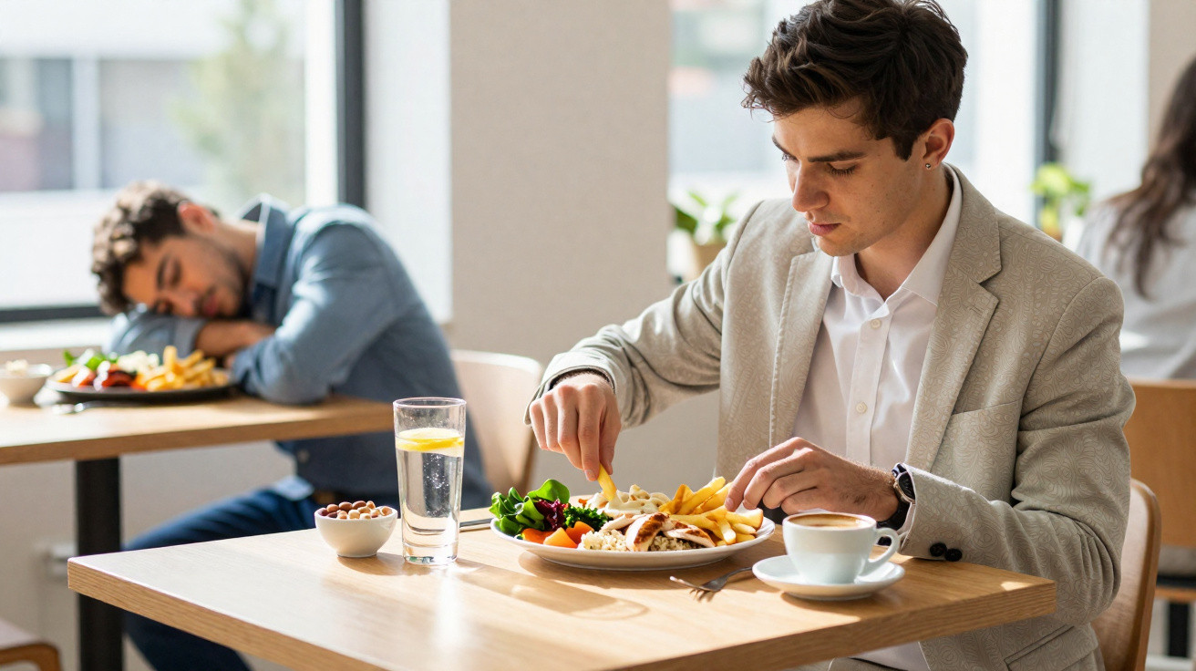Young man in beige jacket eating lunch at a cafe while another man rests head on table in background