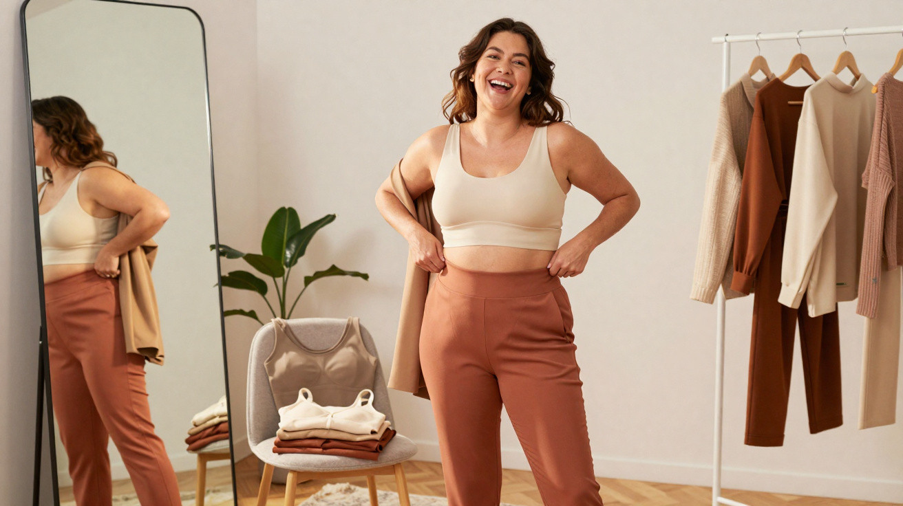 Smiling woman wearing beige crop top and rust trousers putting on jacket in modern room with clothes rack and mirror.