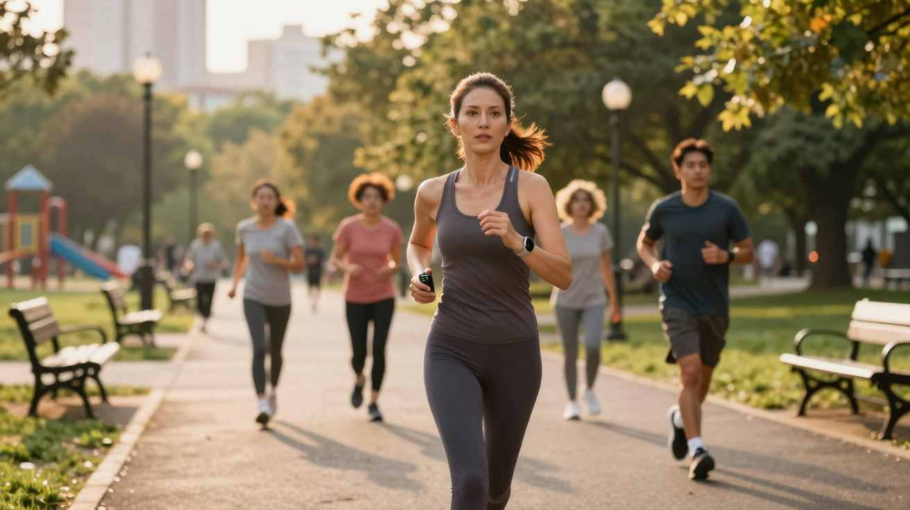 Group of young adults jogging in a sunny park on a paved path with trees and benches alongside.