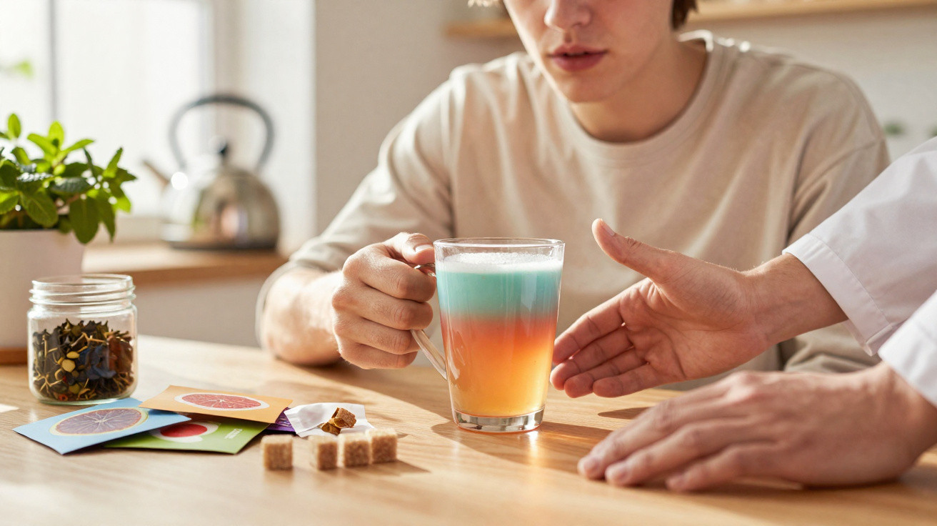 Person holding a colourful layered drink on a table with tea packets, sugar cubes, and another person pointing at it