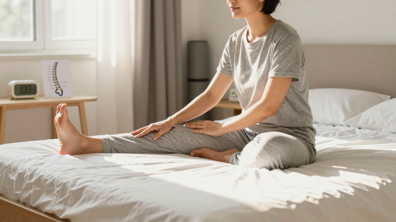 Person in grey loungewear sitting on a bed, stretching one leg while touching their calf in a sunlit room.
