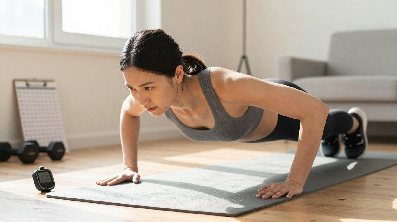 Woman in sportswear doing push-ups on a yoga mat in a bright living room with a timer and dumbbells nearby.