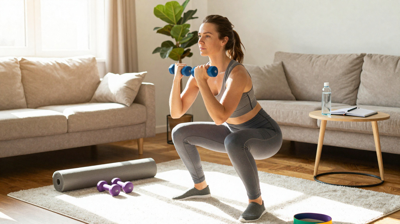 Woman exercising with dumbbells, doing a squat in a bright living room with yoga mat and fitness equipment.