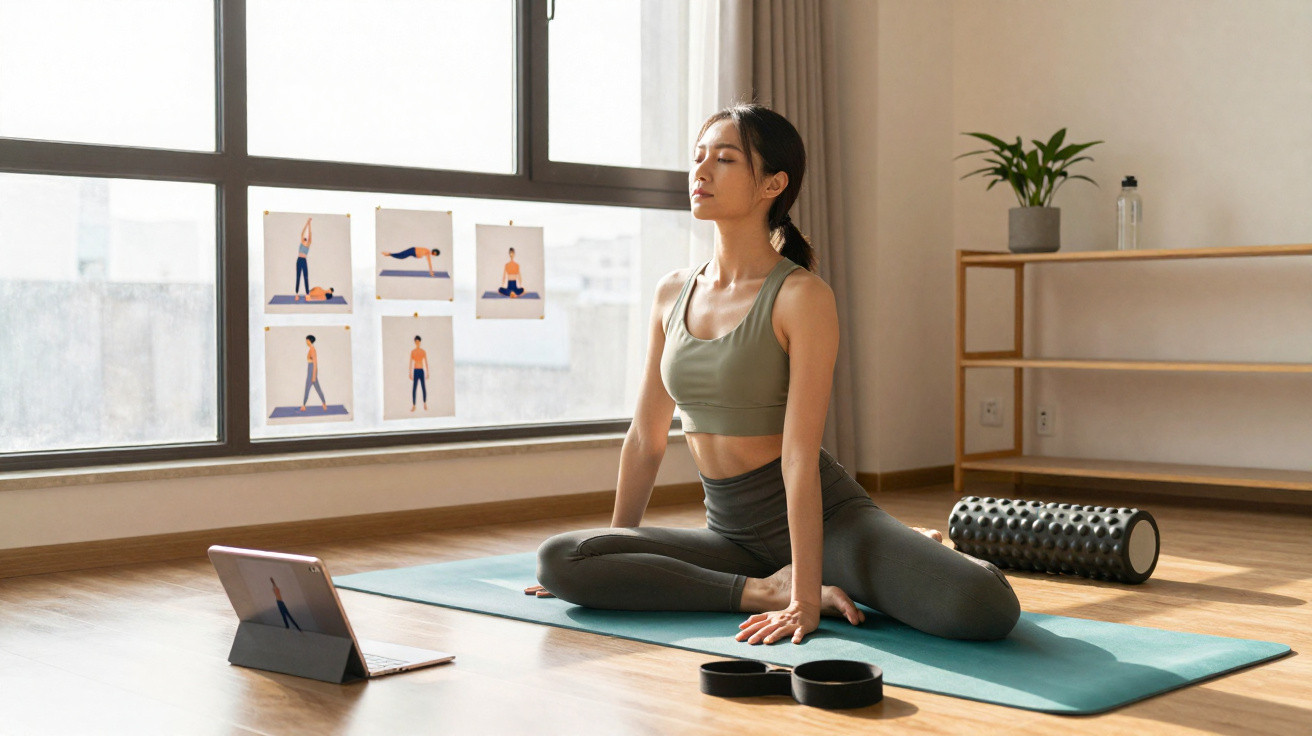 Woman practising yoga on a mat at home following an online tutorial with exercise illustrations on the window.