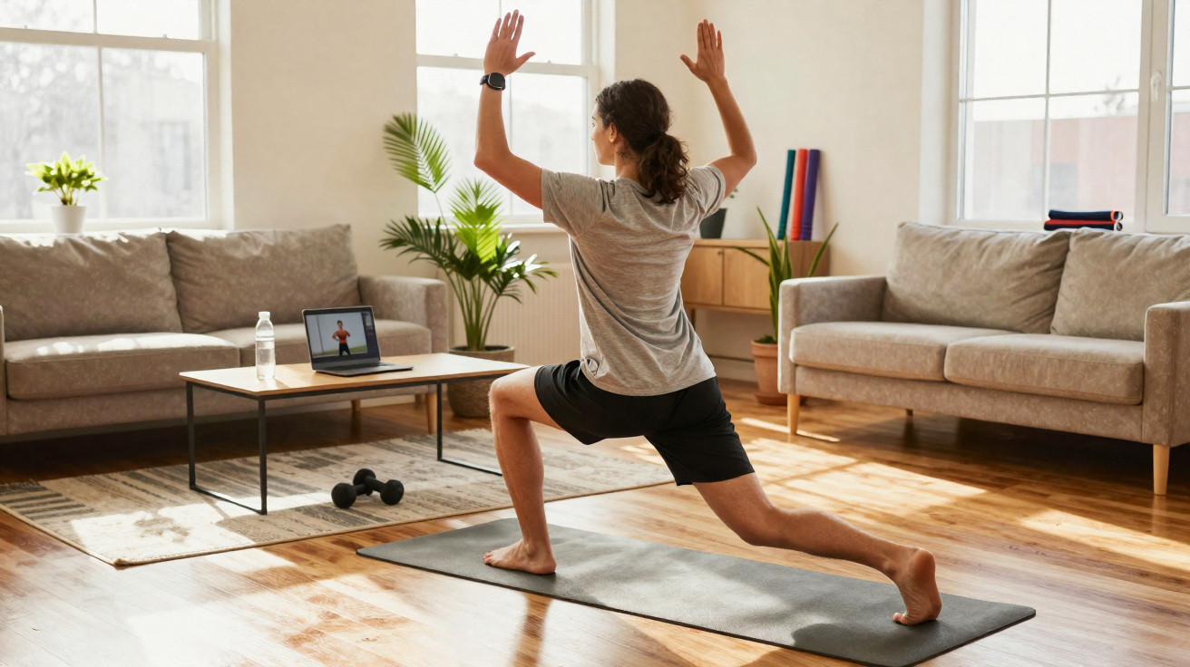 Person practising yoga on a mat at home, following an online workout on a laptop in a sunlit living room.