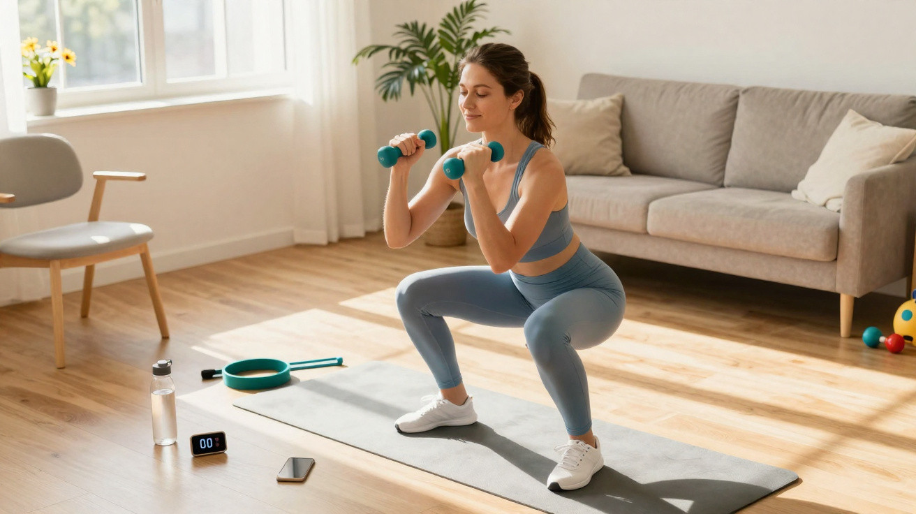 Woman wearing blue activewear doing squats with dumbbells on a mat in a sunlit living room.