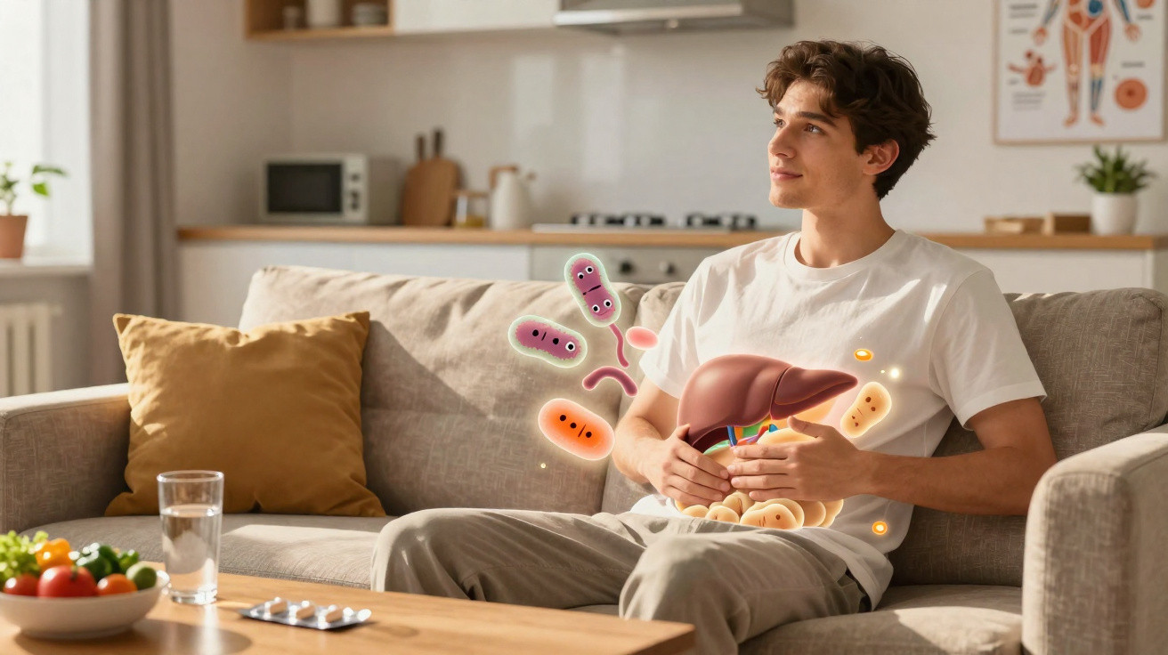 Young man sitting on sofa with animated liver and gut bacteria illustration on his torso.