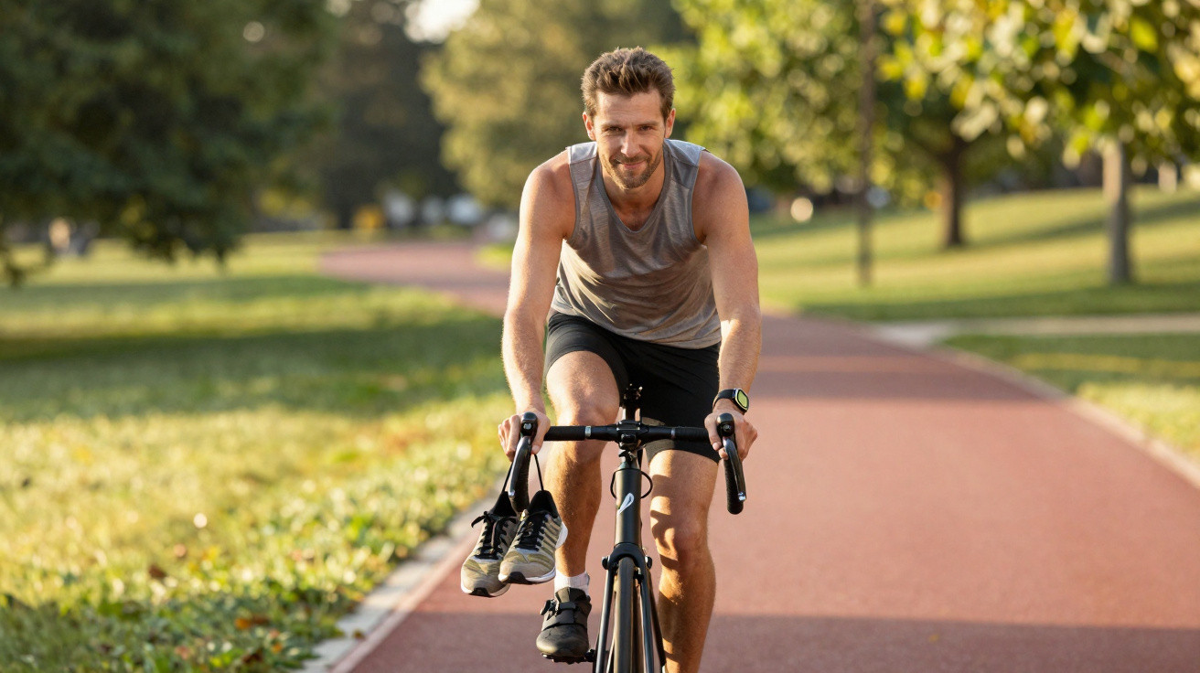 Man in sportswear riding a bicycle on a park path holding running shoes in one hand.