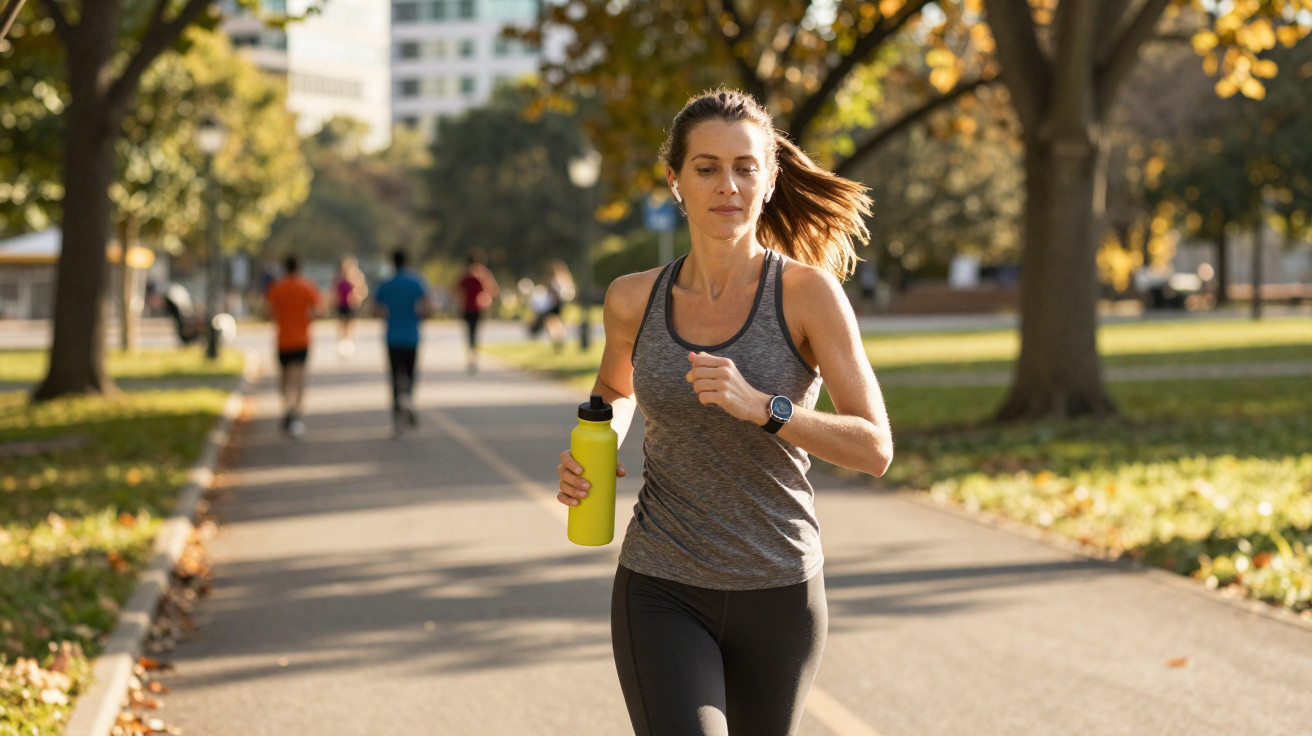 Woman in sportswear jogging on a tree-lined path in a park, holding a yellow water bottle.