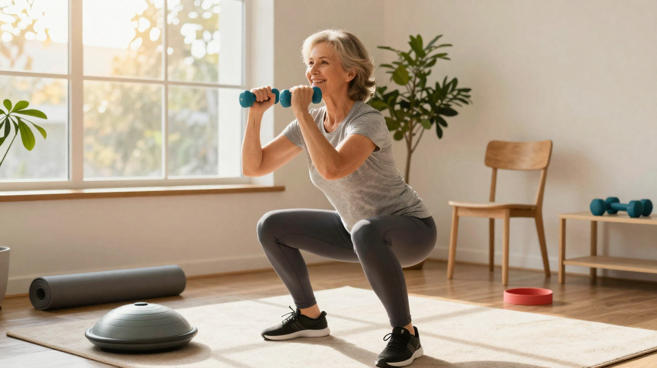 Senior woman squatting with small dumbbells while exercising in a bright, spacious living room.