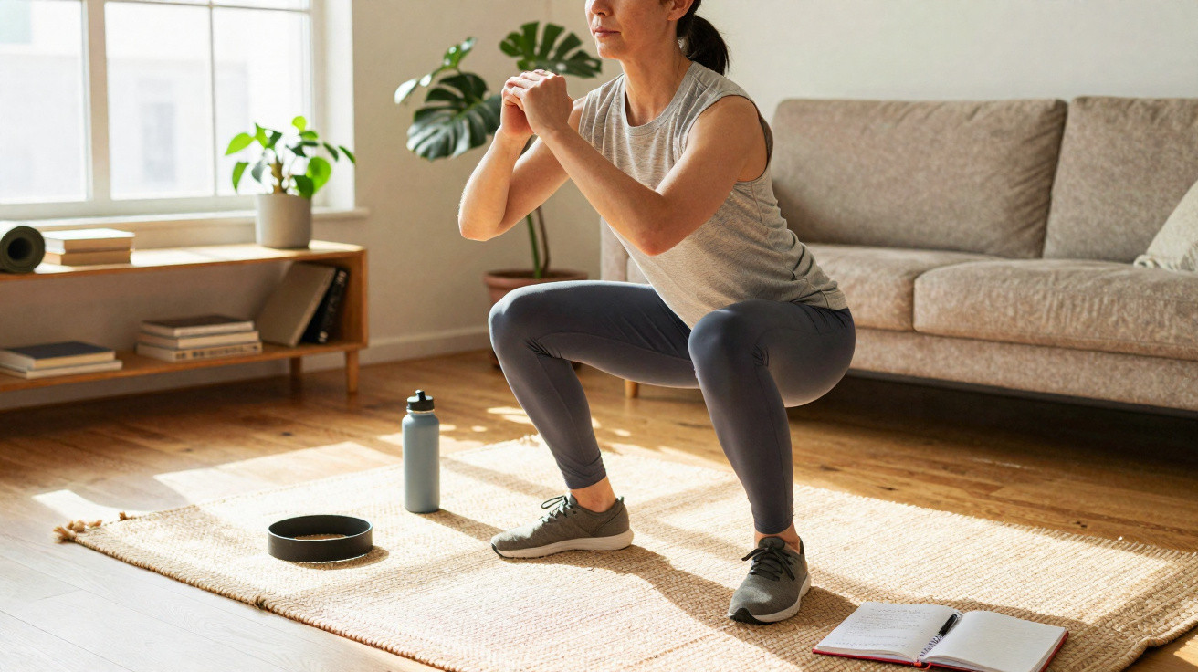 Woman performing a squat exercise in a bright living room with a water bottle and notebook nearby on the rug.