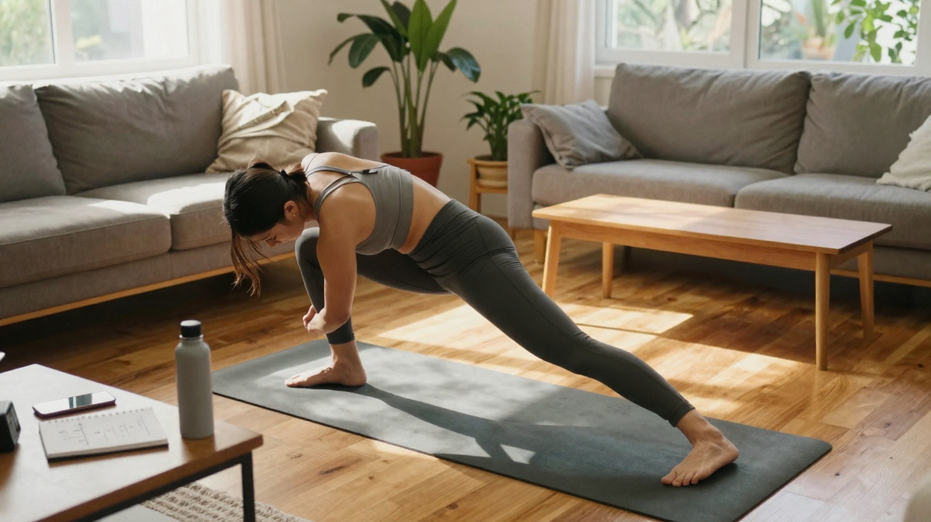 Woman in grey sportswear stretching on a yoga mat in a sunlit living room with sofas and a coffee table.
