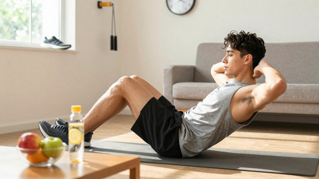 Young man exercising sit-ups on a mat in a bright living room with a clock and sofa in the background.