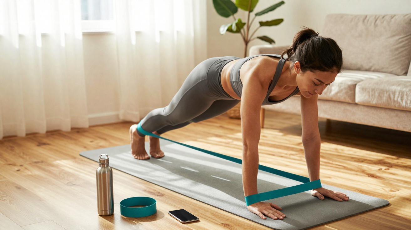 Woman in grey workout clothes doing resistance band plank on yoga mat in a sunlit living room.