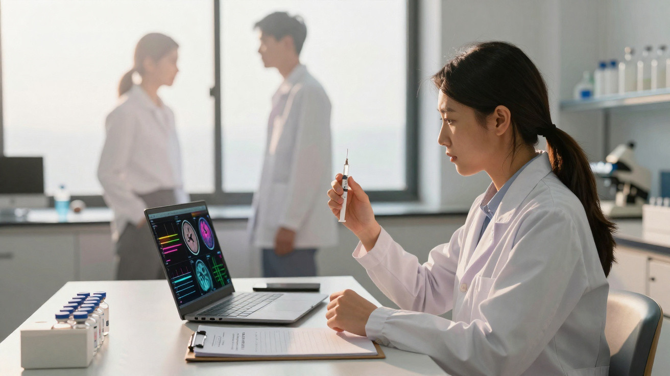 Female scientist in lab coat preparing a syringe with brain scan images on a laptop and colleagues in the background.