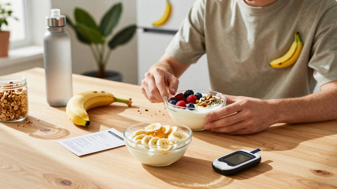 Person preparing a healthy breakfast with yoghurt, fresh berries, bananas, granola, and a glucose monitor on a wooden table.