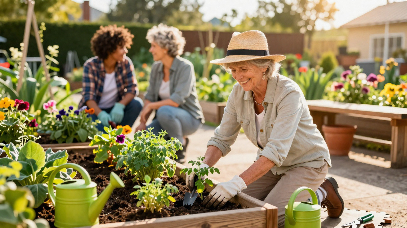 Three women gardening in raised beds outdoors on a sunny day, smiling and planting flowers.
