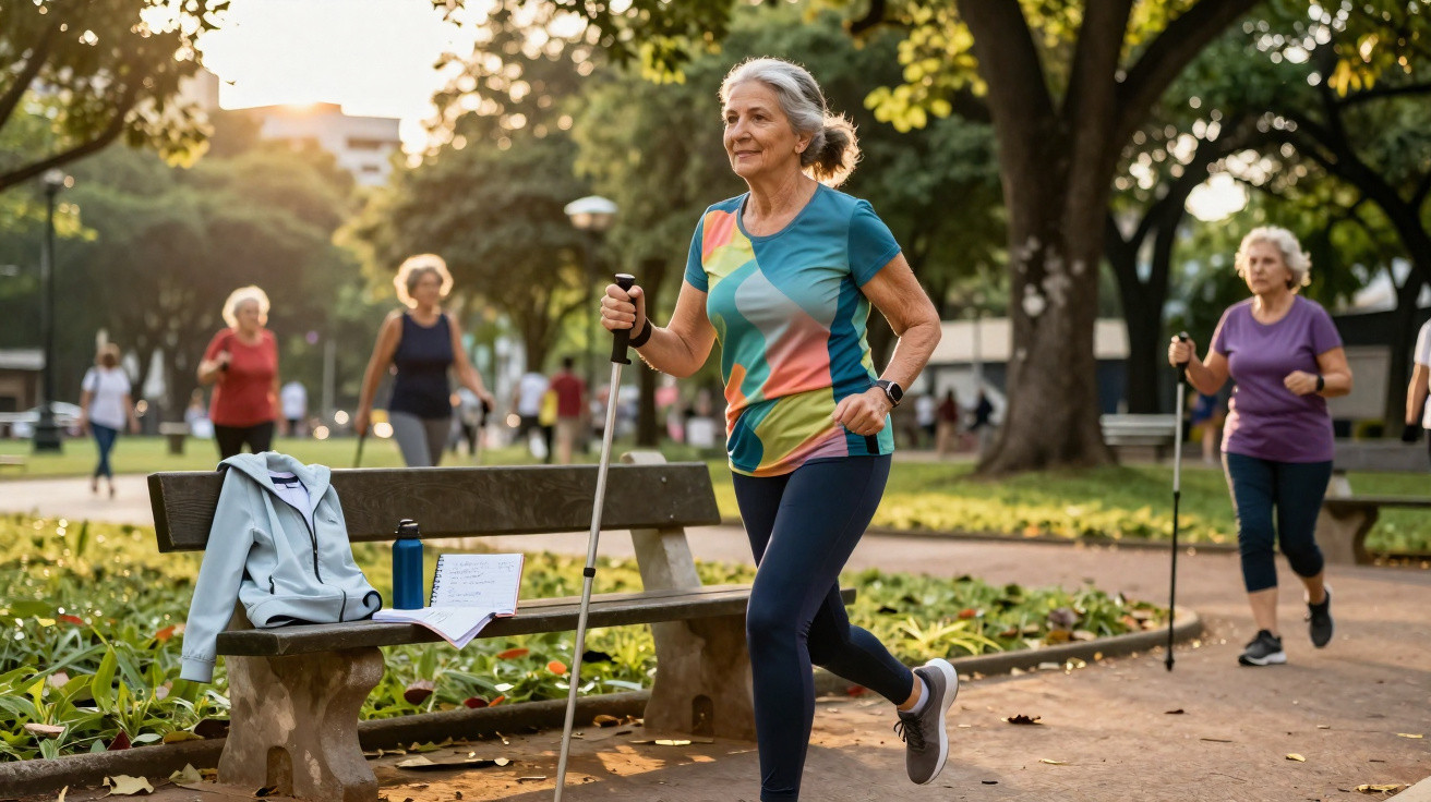 Older women Nordic walking in a park on a sunny day, with a bench and trees in the background.