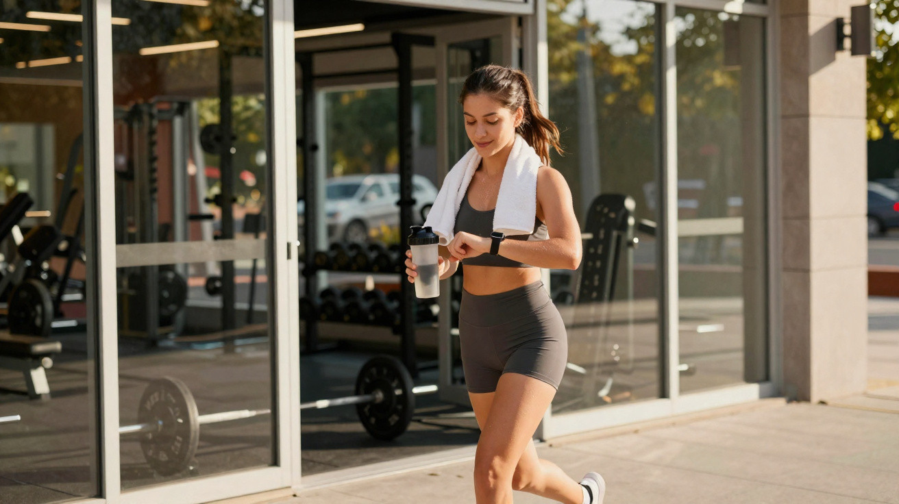 Woman in sportswear holding a water bottle and checking her smartwatch outside a gym building.