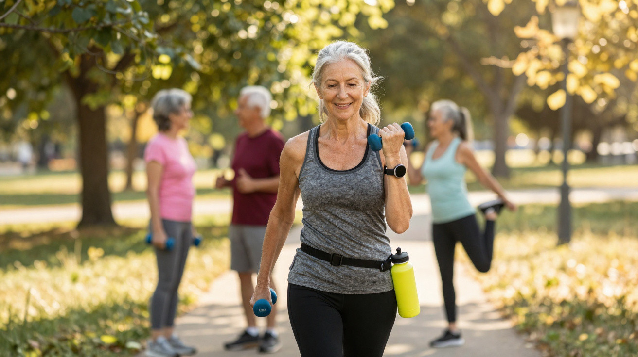 Active senior woman lifting dumbbells while others stretch and talk in a sunny park setting.
