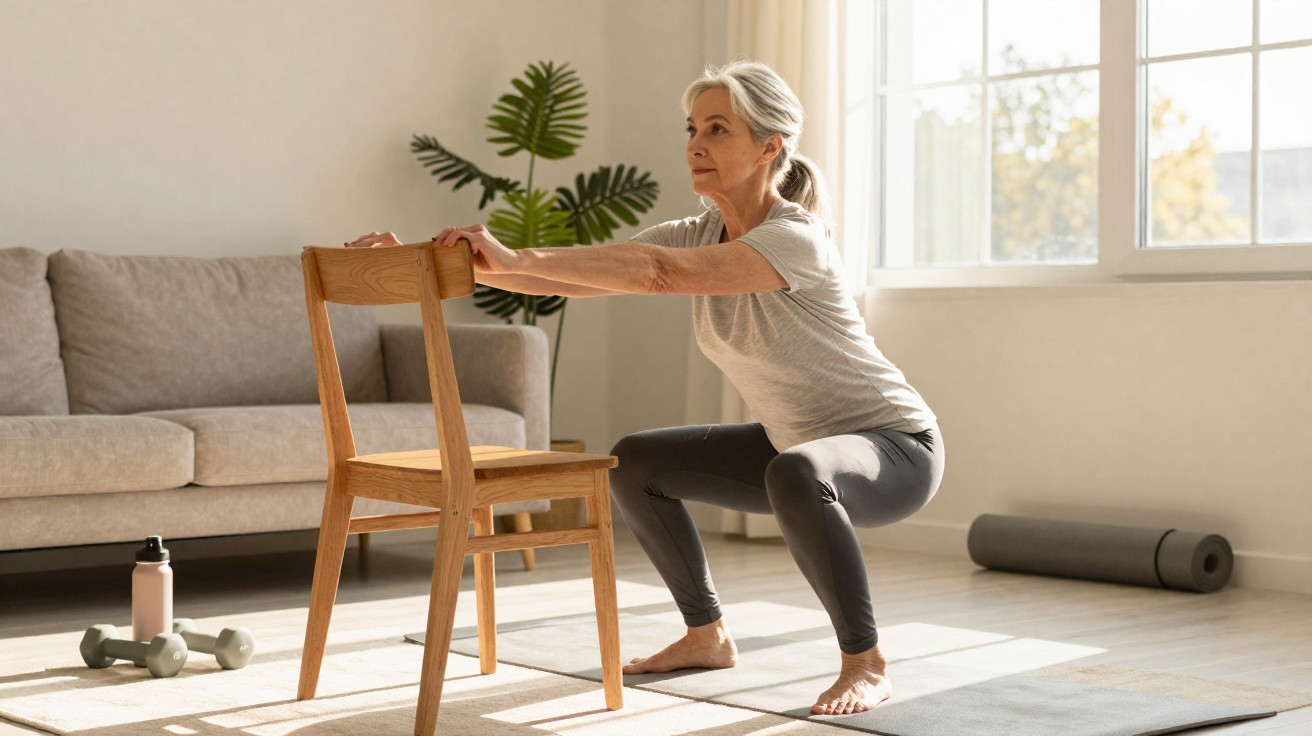 Older woman performing squats using a wooden chair for support in a bright living room.