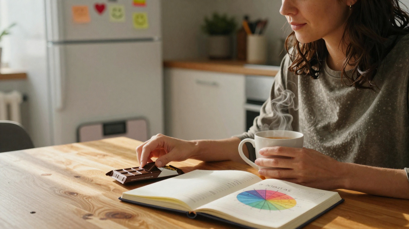 Woman holding a steaming cup and picking chocolate, with an open notebook showing a colourful circular chart on a wooden tabl