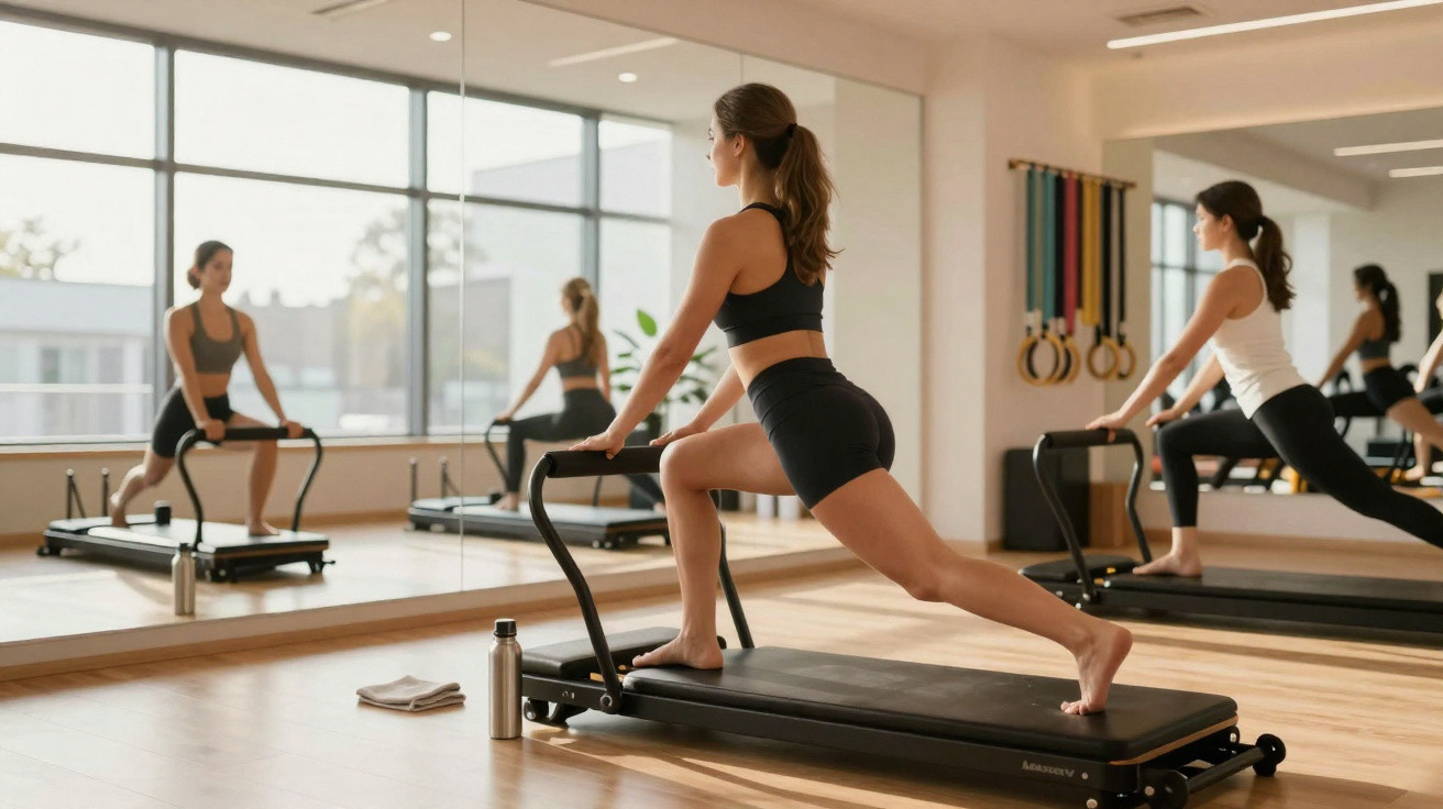 Women exercising with treadmills in a bright fitness studio with large mirrors and windows.