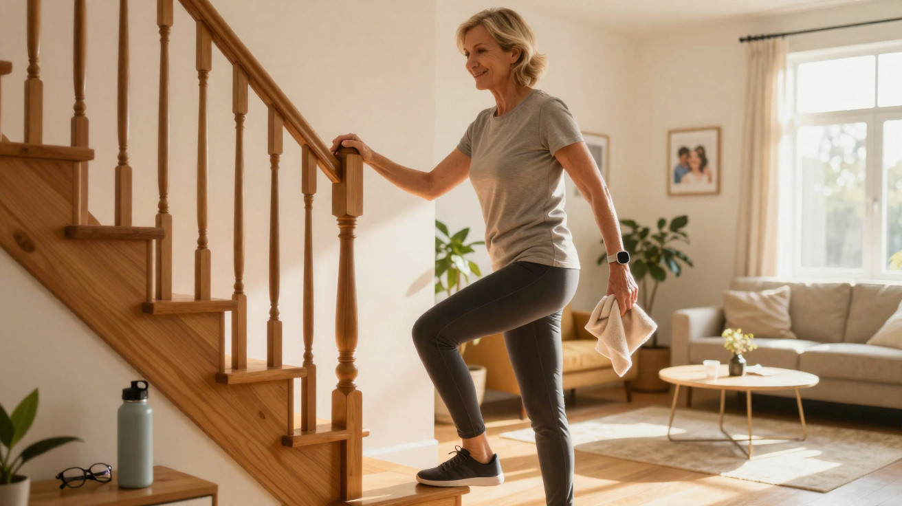 Mature woman exercising by stepping onto wooden stairs in a sunlit living room holding a towel.