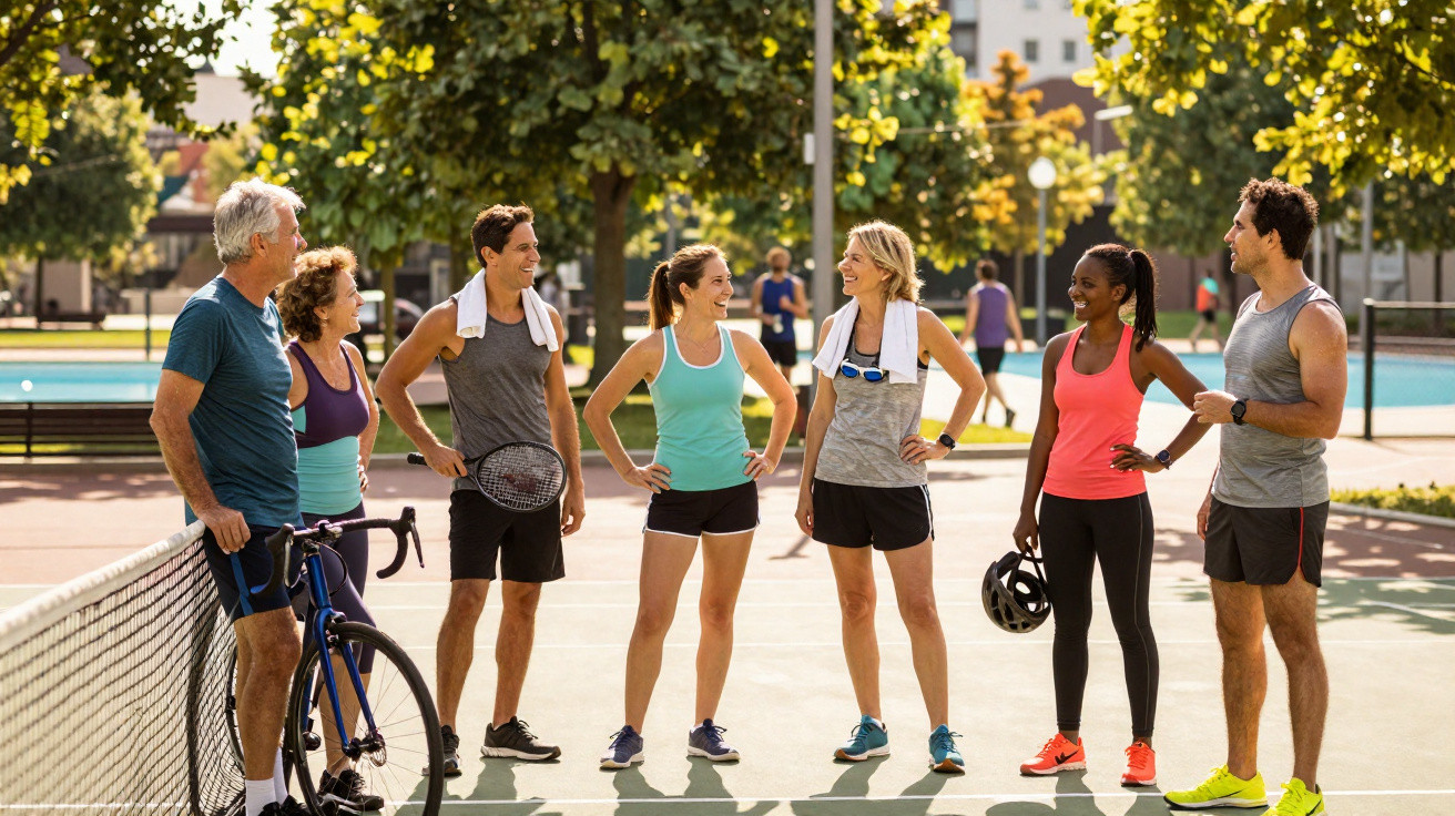 Group of six adults in sportswear chatting and smiling on a sunny outdoor tennis court.